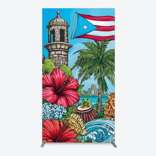 Lofaris Colorful Puerto Rico Tropical Island Rectangle Arch Backdrop with Flag Historic Tower and Coqui Frog