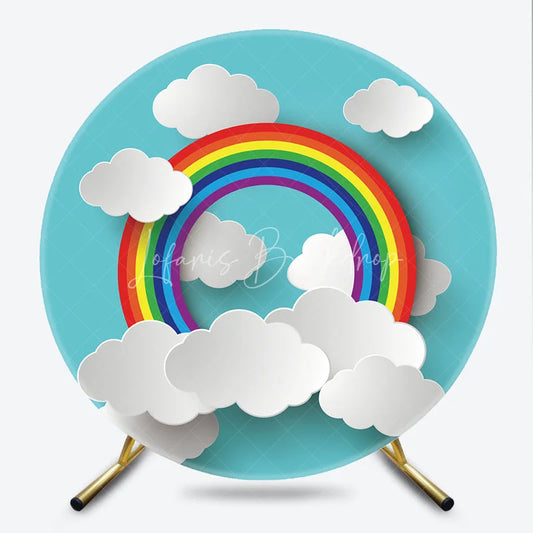 Lofaris Colorful Rainbow and Fluffy Clouds Round Backdrop Vibrant Blue Sky Theme for Baby Shower Birthday Party