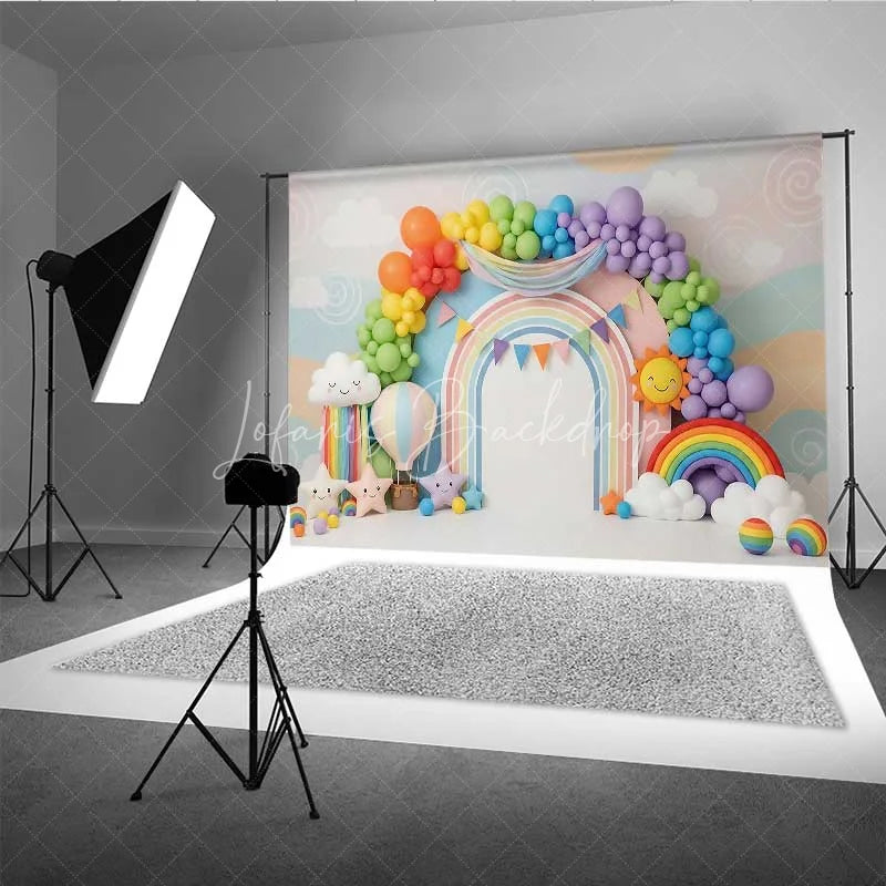 Lofaris Colorful Rainbow and Sun Photography Backdrop Clouds Balloons Birthday Banner