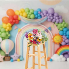 Lofaris Colorful Rainbow and Sun Photography Backdrop Clouds Balloons Birthday Banner