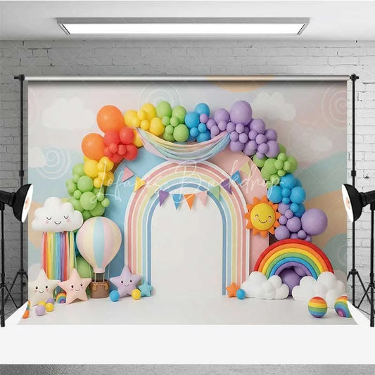 Lofaris Colorful Rainbow and Sun Photography Backdrop Clouds Balloons Birthday Banner