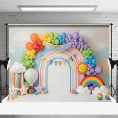 Lofaris Colorful Rainbow and Sun Photography Backdrop Clouds Balloons Birthday Banner