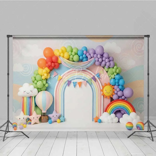 Lofaris Colorful Rainbow and Sun Photography Backdrop Clouds Balloons Birthday Banner