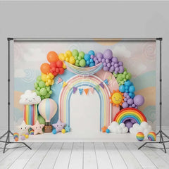 Lofaris Colorful Rainbow and Sun Photography Backdrop Clouds Balloons Birthday Banner