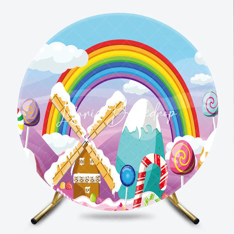 Lofaris Colorful Rainbow Candy Land Windmill Round Backdrop Sweet Lollipops and Canes for Birthday Party