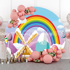 Lofaris Colorful Rainbow Candy Land Windmill Round Backdrop Sweet Lollipops and Canes for Birthday Party