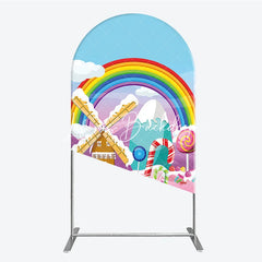 Lofaris Colorful Rainbow Candy Land Windmill Round Top Arch Backdrop Sweet Wonderland Birthday Party Decor