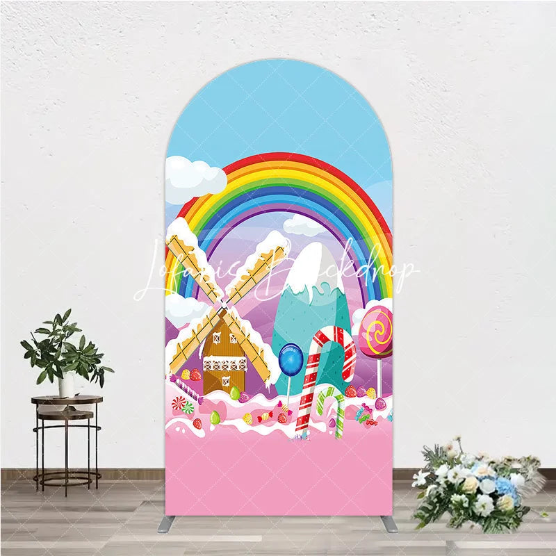 Lofaris Colorful Rainbow Candy Land Windmill Round Top Arch Backdrop Sweet Wonderland Birthday Party Decor