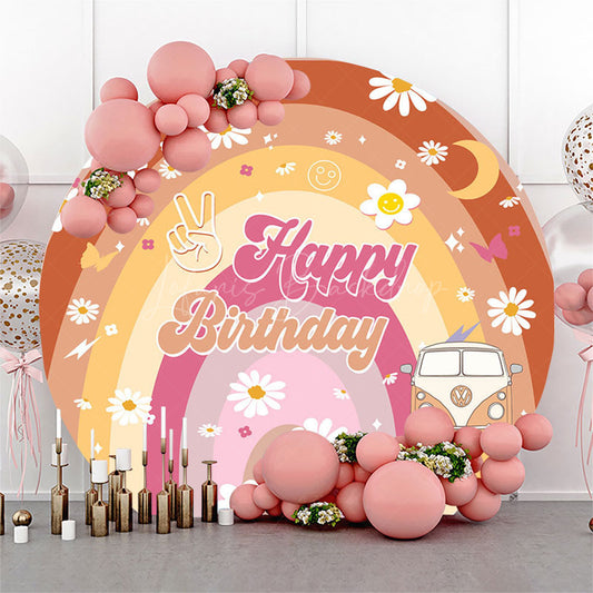 Lofaris Colorful Rainbow Daisy Groovy Round Birthday Backdrop