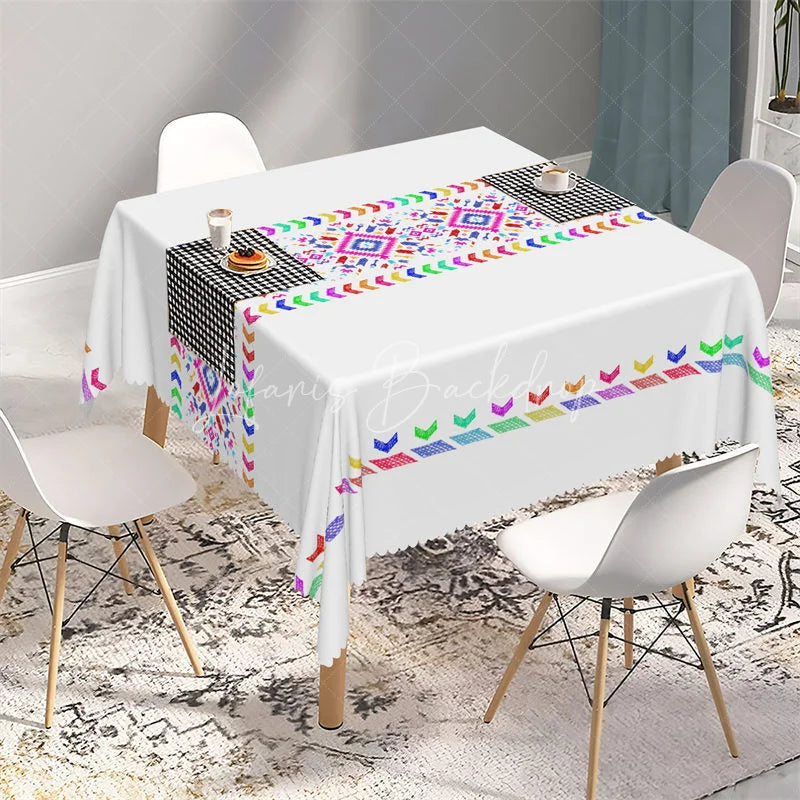 Lofaris Colorful Rainbow Tribal Band Rectangle Tablecloth White Aztec Pattern Table Cover for Boho Party