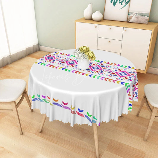 Lofaris Colorful Rainbow Tribal Geometric Round Tablecloth Vibrant Festive Pattern for Birthday and Party