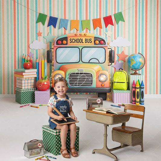 Lofaris Colorful School Bus and Learning Supplies Combo Set Backdrop Striped Back to Theme for Kids Photography