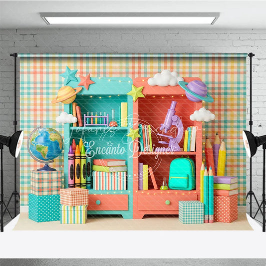 Lofaris Colorful School Supplies Bookshelves Photography Backdrop Educational Pastel Plaid for Kids Back to Party
