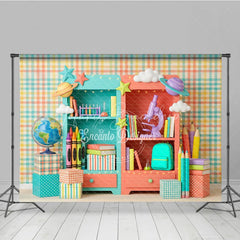 Lofaris Colorful School Supplies Bookshelves Photography Backdrop Educational Pastel Plaid for Kids Back to Party