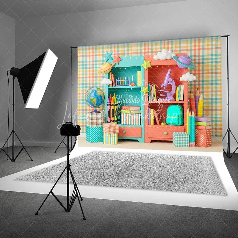 Lofaris Colorful School Supplies Bookshelves Photography Backdrop Educational Pastel Plaid for Kids Back to Party