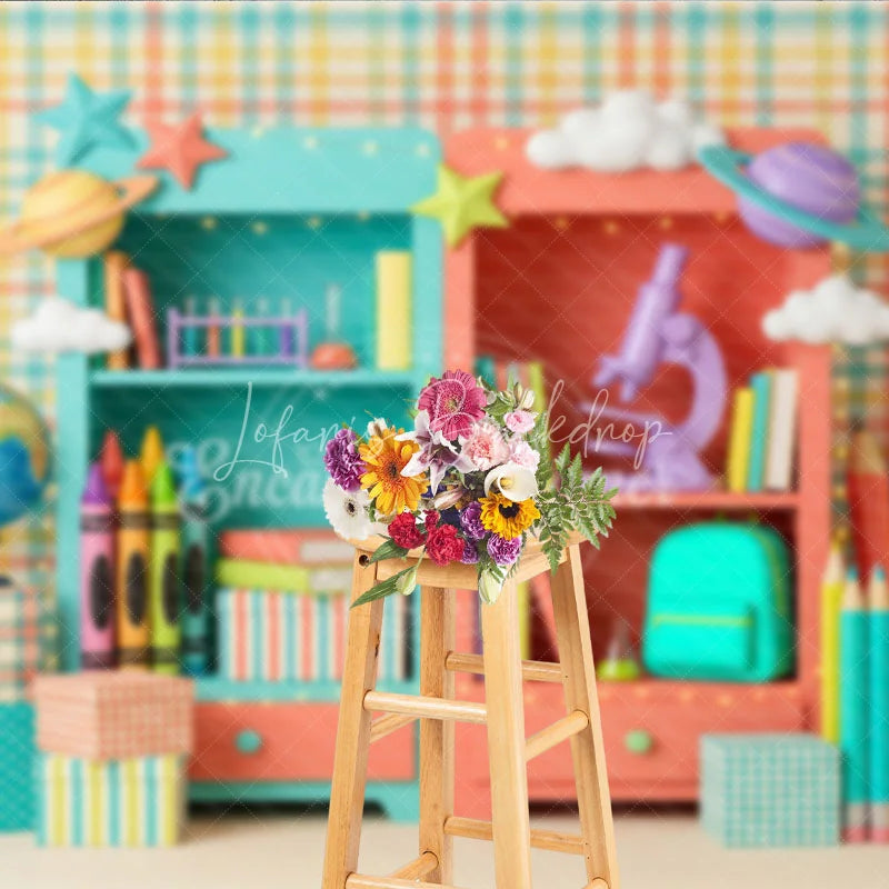 Lofaris Colorful School Supplies Bookshelves Photography Backdrop Educational Pastel Plaid for Kids Back to Party
