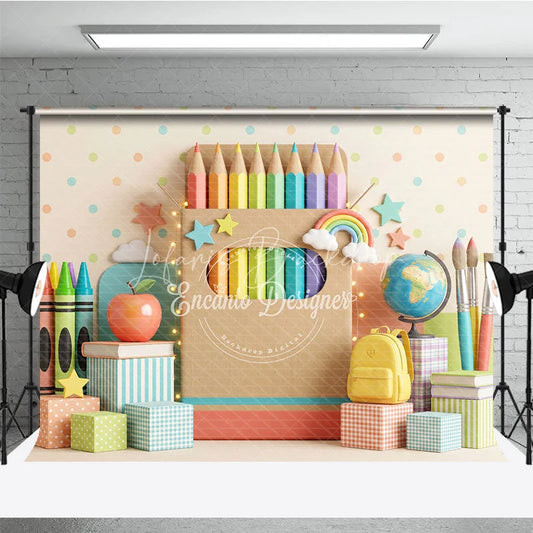 Lofaris Colorful School Theme Photography Backdrop featuring Pencils Crayons Apple and Books for Kids