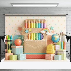 Lofaris Colorful School Theme Photography Backdrop featuring Pencils Crayons Apple and Books for Kids