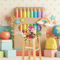 Lofaris Colorful School Theme Photography Backdrop featuring Pencils Crayons Apple and Books for Kids