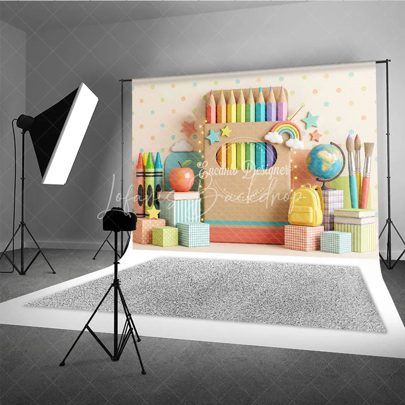 Lofaris Colorful School Theme Photography Backdrop featuring Pencils Crayons Apple and Books for Kids