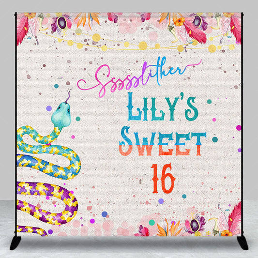 Lofaris Colorful Snake Floral Sweet 16 Custom Name Backdrop