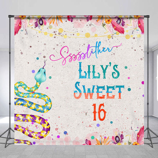 Lofaris Colorful Snake Floral Sweet 16 Custom Name Backdrop