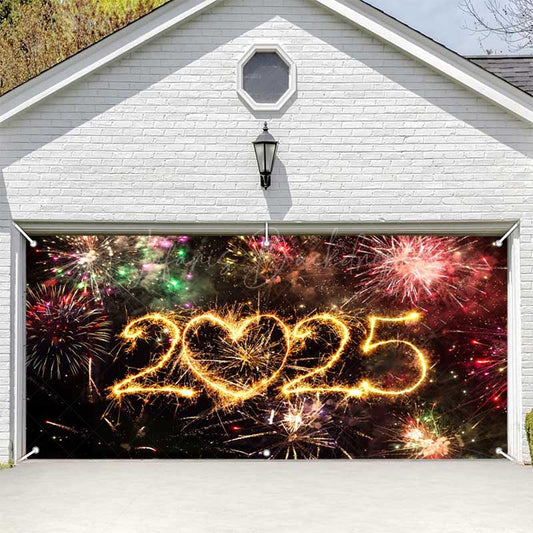 Lofaris Colorful Sparks 2025 New Year Garage Door Banner