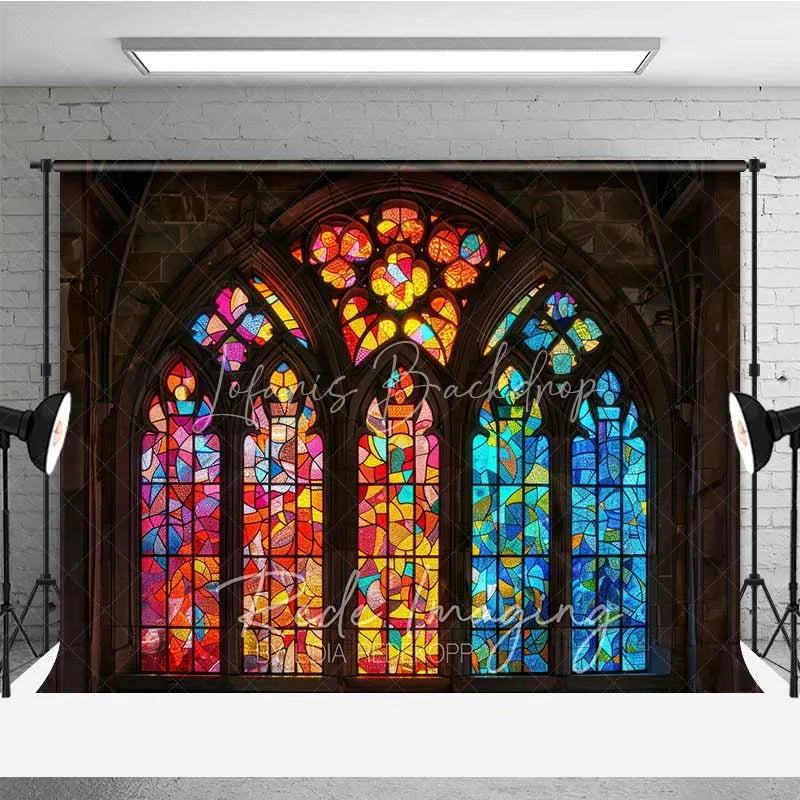 Lofaris Colorful Stained Glass Window Photography Backdrop Vibrant Church Architecture Background Religious Spiritual Photo Prop