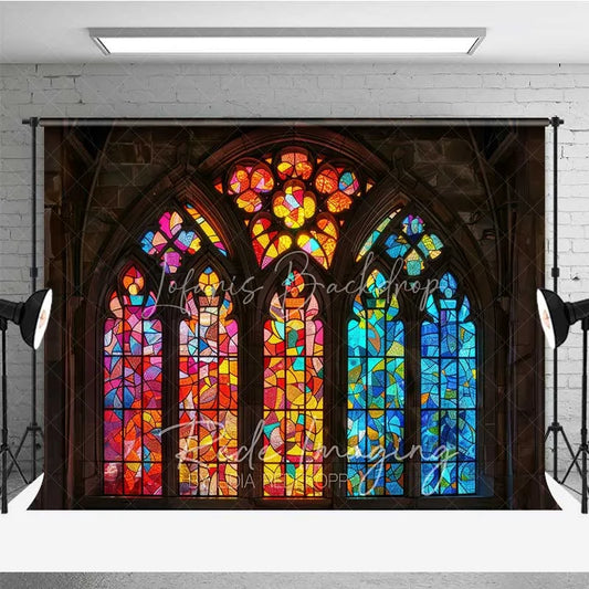 Lofaris Colorful Stained Glass Window Photography Backdrop Vibrant Church Architecture Background Religious Spiritual Photo Prop