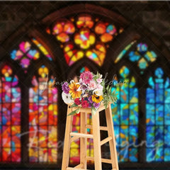 Lofaris Colorful Stained Glass Window Photography Backdrop Vibrant Church Architecture Background Religious Spiritual Photo Prop