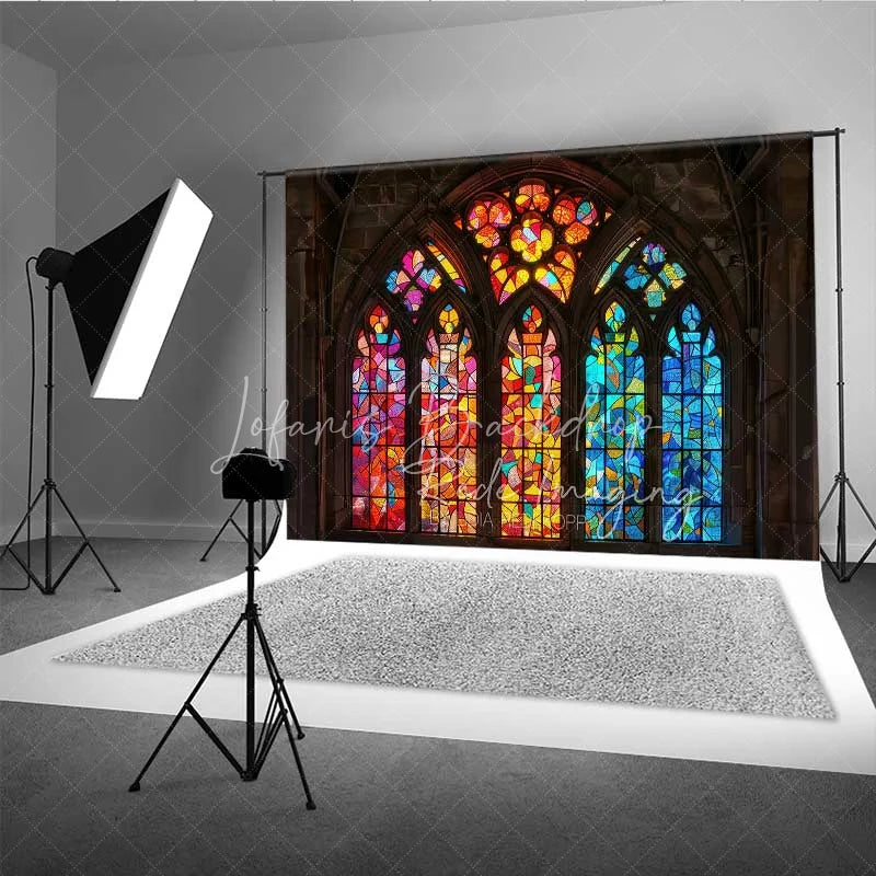 Lofaris Colorful Stained Glass Window Photography Backdrop Vibrant Church Architecture Background Religious Spiritual Photo Prop