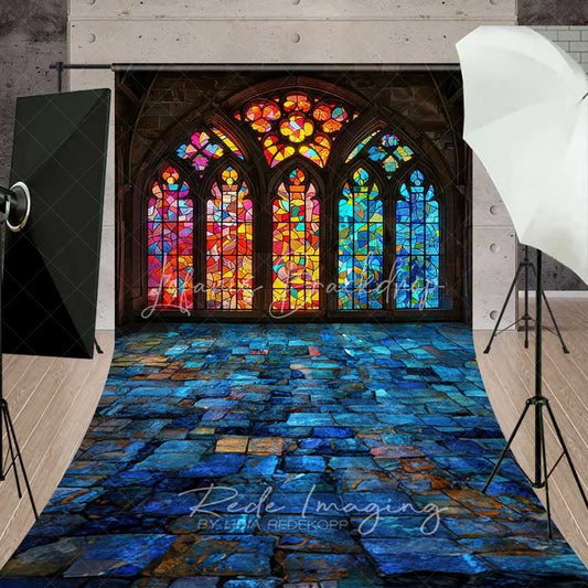 Lofaris Colorful Stained Glass Window Sweep Backdrop Church Stone Floor Photography Mat Religious Decoration