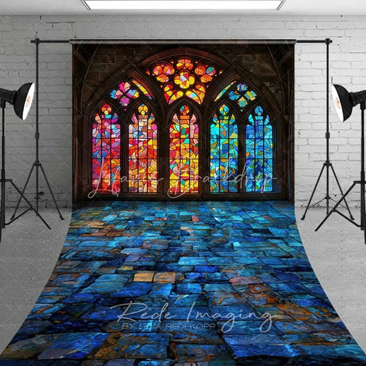 Lofaris Colorful Stained Glass Window Sweep Backdrop Church Stone Floor Photography Mat Religious Decoration