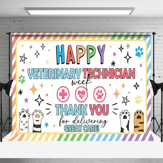 Lofaris Colorful Stripe Paw Print Happy Vet Tech Week Backdrop
