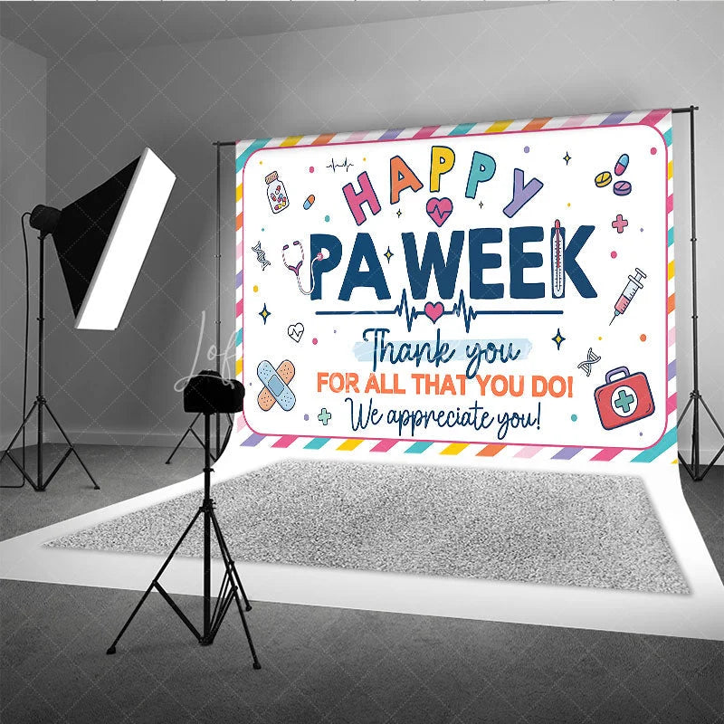 Lofaris Colorful Striped Happy PA Week Thank You Holiday Backdrop Featuring Medical Appreciation Elements