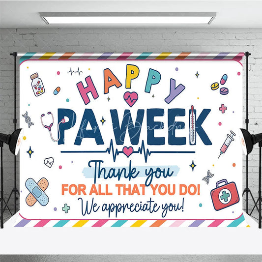 Lofaris Colorful Striped Happy PA Week Thank You Holiday Backdrop Featuring Medical Appreciation Elements