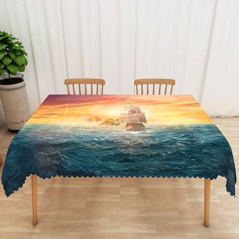 Lofaris Colorful Sunset Ocean Wave Rectangle Tablecloth for Coastal Beach House and Summer Dining Decor