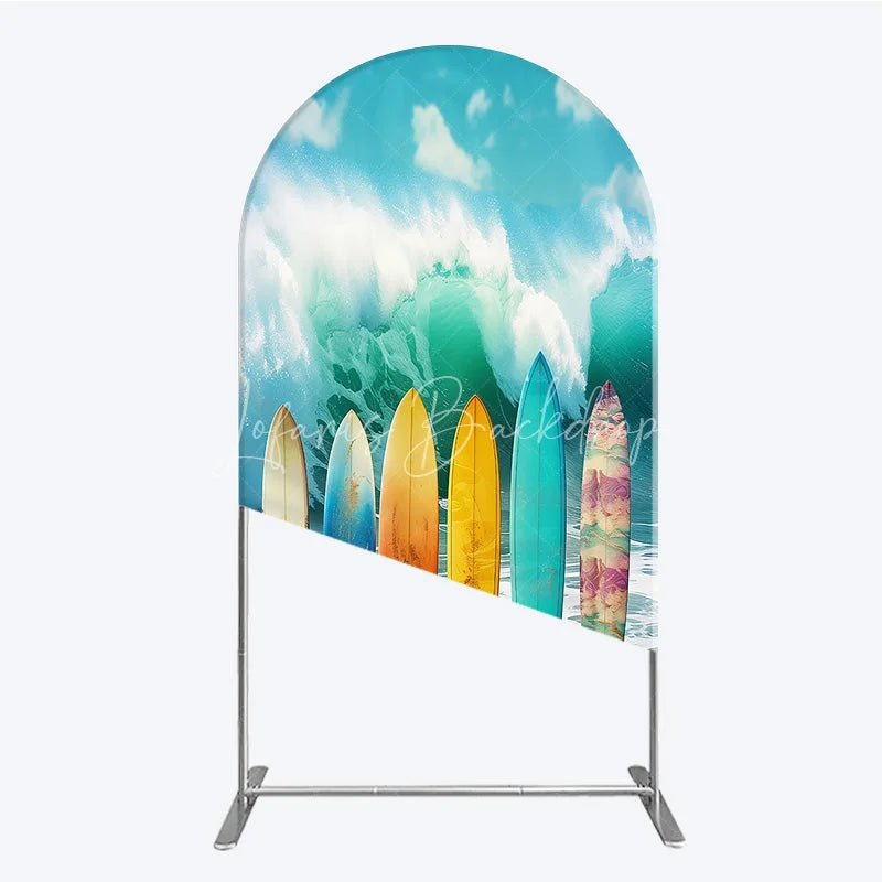 Lofaris Colorful Surfboards on Sandy Beach with Ocean Wave Round Top Arch Backdrop Summer Party Decor