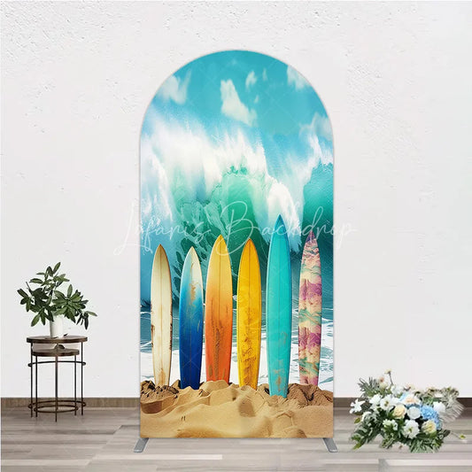 Lofaris Colorful Surfboards on Sandy Beach with Ocean Wave Round Top Arch Backdrop Summer Party Decor