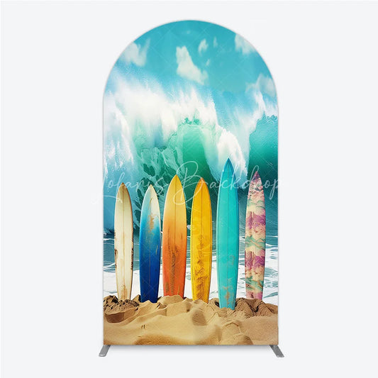 Lofaris Colorful Surfboards on Sandy Beach with Ocean Wave Round Top Arch Backdrop Summer Party Decor