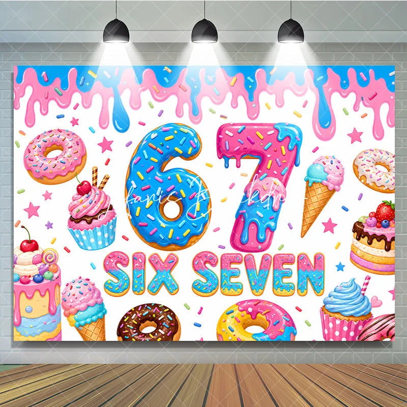 Lofaris Colorful Sweet Candy Donut Seven Birthday Backdrop with Sprinkles and Dripping Icing Party Decor
