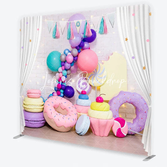 Lofaris Colorful Sweet Shop Candy Land Square Double-Sided Backdrop with Balloons Donuts and Macarons for Birthday Party