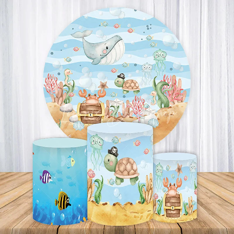 Lofaris Colorful Underwater Ocean Adventure Round Backdrop Kit with Friendly Whale and Pirate Turtle Baby Shower Party Decor