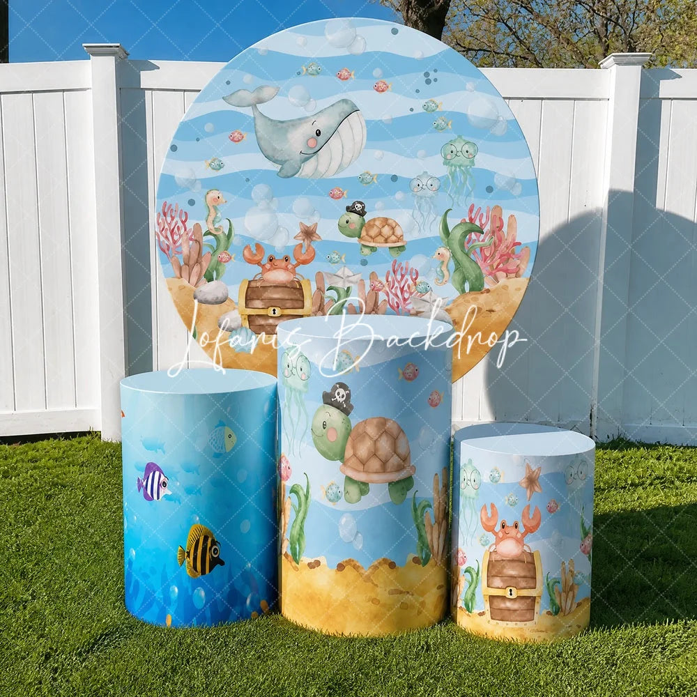 Lofaris Colorful Underwater Ocean Adventure Round Backdrop Kit with Friendly Whale and Pirate Turtle Baby Shower Party Decor