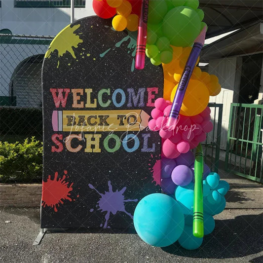Lofaris Colorful Welcome Back To School Round Top Arch Backdrop with Paint Splatters and Pencil Design Fun Educational Decor