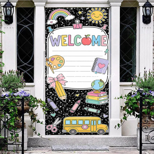 Lofaris Colorful Welcome School Supplies Door Cover featuring Rainbow Sun Books and Bus for Classroom