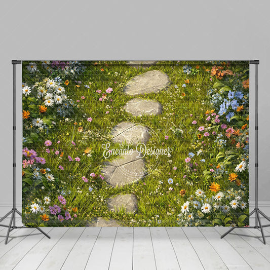 Lofaris Colorful Wildflowers Green Grass Path Photo Backdrop