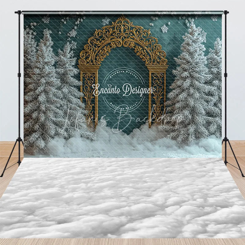 Lofaris Combo Set Backdrop Luxury Teal Wall Gold Arch Winter Snow Floor Background Elegant Christmas Wedding Photo Booth