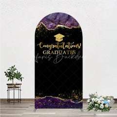 Lofaris Congratulations Graduates Arch Backdrop in Black and Gold Purple Agate with Glitter Elegant Grad Party Photo Booth
