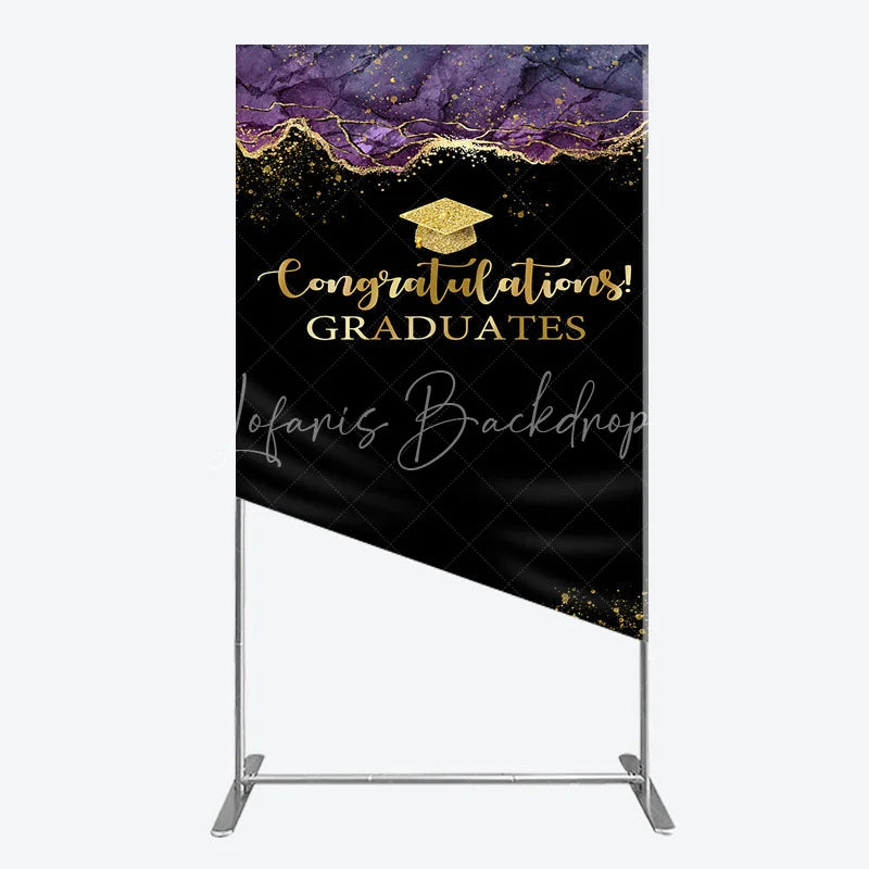 Lofaris Congratulations Graduates Rectangle Backdrop in Black and Gold Purple Agate with Glitter Elegant Grad Party Photo Booth